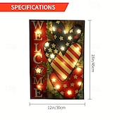  Bandiera da giardino del 4 luglio con luci a LED, bandiera americana patriottica illuminata con cuore di benvenuto per esterni, bandiera da giardino in tela di iuta bifacciale per il giorno