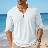 お買い得  コットンリネンTシャツ-男性用 ティートップ 長袖シャツ リネンTシャツ 長袖 Ｖネック 夏 春 春夏 純色 平織り 日常 カジュアル ストリートスタイル 平織り カジュアル アウトドア ストリート ライトブルー レイクブルー ブラック メンズトップTシャツ