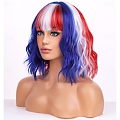  Peruca Vermelha Branca e Azul para Fantasia do Dia 4 de Julho Perucas de Fantasia para Mulheres Curta Cacheada com Franja para Meninas