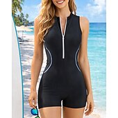 baratos Rash Guards de Uma Peça-Mulheres Roupa de banho Maiôs One Pieces Cor Sólida Zip Up Perna curta Secagem Rápida Elástico Sem Manga Roupa de Banho roupa de banho Surfe Praia Natação Verão