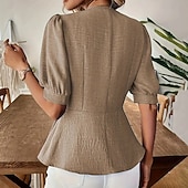 preiswerte Einfache Blusen-Damen Freizeithemd Knopfhemd Bluse Gerafft Tunika Knöpfe Einfarbig Einfach Elegant Täglich Stilvoll Kurzarm Puffärmel V Ausschnitt Normale Oberteile Ferien Strandbekleidung Urlaubskleidung Blau Kamel