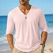 お買い得  コットンリネンTシャツ-男性用 ティートップ 長袖シャツ リネンTシャツ 長袖 Ｖネック 夏 春 春夏 純色 平織り 日常 カジュアル ストリートスタイル 平織り カジュアル アウトドア ストリート ライトブルー レイクブルー ブラック メンズトップTシャツ