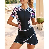 preiswerte One Pieces Rash Guards-Damen Mittel Anti UV Shirt Badeanzug 3 Teile Blumenmuster Bedruckt Reißverschluss Boyleg UV Schutz Schnelltrocknend Elastisch Kurzarm Bademode Badeanzug Surfen Strand Schwimmen Sommer