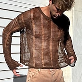 cheap Basic T shirts-Men's Knit Tee Tee Top Long Sleeve Crew Neck Summer Solid Color Daily Casual Street Style Mesh Knitting Casual Outdoor Street Dark Brown Top Tee for Men