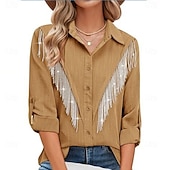 preiswerte Einfache Blusen-Damen Kleidhemd Knopfhemd Bluse Glitzer Knöpfe Strass Elegant Stilvoll Klassisch Langarm Umlegekragen Normale Oberteile Täglich Ferien Ausgehen Blau Schwarz Hellgrün Rosa Wein Sommer Frühling