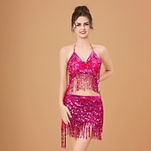 cheap Tops &amp; Sets-Samba Dancewear Purple Sequin Tassel Belly Dance Setl Performance Costume