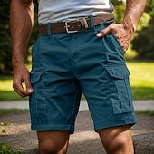 baratos Clássico-Homens Calças de carga Bermuda Cargo Calção Shorts casuais Bolsos Cintura elástica Vários bolsos Tecido Cor Única Comprimento do joelho Casual Ao ar livre Streetwear Moda Roupa de rua Azul Céu Preto