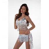 preiswerte Oberteile &amp; Sets-Samba Tanzbekleidung Gold Schimmer Pailletten-Tassel Bauchtanz-Set Leistungs-Kostüm