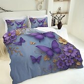 abordables Juegos de funda nórdica-Juego de funda nórdica con estampado de flores y mariposas de rosas moradas, juego de cama estilo hotel con 1 funda nórdica y 2 fundas de almohada, tela de felpa suave, no incluye edredón.