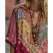 abordables Tops Boho-Mujer Camisa Camisas de algodón y lino camisa boho Blusa Retazos Estampado Floral Graphic Bohemia Elegante Étnico Media Manga Escote en Pico Tops regulares Diario Festivos Noche Rojo Verano Primavera