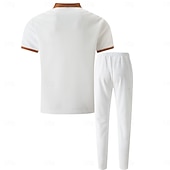 preiswerte Basic T-Shirts für Herren-2-teiliges Herren-Sommer-Waffel-Polohemd &amp;Polo-Hose, passendes Set, Strandkleidung, Alltagskleidung, Ausgehkleidung, Kordelzug, schlicht, schwarz, weiß, königsblau, Sportbekleidung, Mode