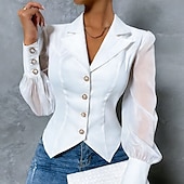 baratos Blusas Simples-Mulheres Saia camisa de botão Blusa Túnica Com Transparência Botões Côr Sólida Tecido Elegante Moda Formal Manga Longa Aberto para a Lateral Tops regulares Diário Trabalho Para Noite Preto Branco