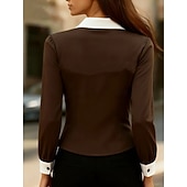 Недорогие Нарядные блузки-Жен. Блуза Пэчворк Пуговицы Контрастных цветов Элегантный стиль Стиль Классика Длинный рукав Рубашечный воротник Обычные топы Повседневные Офис Черный Белый Коричневый Хаки Весна Осень