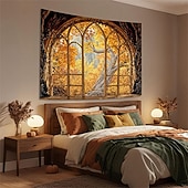 billige Veggoppheng-3D-bibliotekteppe veggteppe vintage bokhyllemønster stor stoffveggkunst buet vindu skogutsikt romdekor til stue/studie