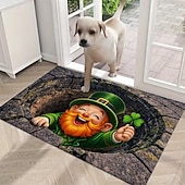 abordables Felpudo-Felpudo con ilusión óptica 3D del Día de San Patricio, alfombra con impresión 2D que presenta a un alegre duende en un pozo de piedra sosteniendo un trébol de cuatro hojas, perfecto para la decoración festiva de la entrada del hogar.