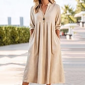 tanie Sukienki-Damskie Sukienka midi Sztuczna bawełna len Sukienka trapezowa Codzienne sukienki Elegancja Zabytkowe Moda Codzienny Urlop Wyjściowe Luźna Równina Długi rękaw W serek Niebieski Biały Rumiany r