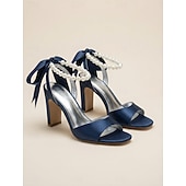 tanie Panna młoda-Damskie fioletowe satynowe szpilki ślubne z perłowym paskiem wokół kostki i kokardką, eleganckie sandały ślubne z odkrytymi palcami dla panien młodych, luksusowe buty na wysokim obcasie do ceremonii