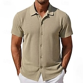 זול חולצות קז&amp;#39;ואל חכמות לגברים-בגדי ריקוד גברים חולצה מרקם חולצה קז'ואל חולצה עם כפתורים שחור לבן חאקי שרוולים קצרים אחיד צווארון מתקפל קזו'אל יומי חלול חיצוני ביגוד אלגנטית אופנתי יום יומי