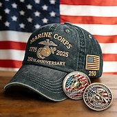 economico 250° Anniversario degli Stati Uniti-Cappellino da baseball retrò lavato in onore del 250° anniversario dei Marines degli Stati Uniti con 2 monete commemorative, cappello vintage ricamato per il 250° anniversario dei Marines degli Stati