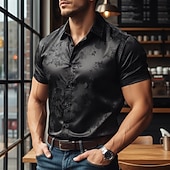 cheap Men's Satin Shirts-Men's Shirt Satin Shirt Dress Shirt Button Up Shirt Gradient Casual Wedding Black Red Navy Blue Short Sleeve Turndown Summer Clothing Apparel Jacquard