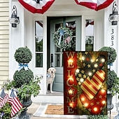  Bandiera da giardino del 4 luglio con luci a LED, bandiera americana patriottica illuminata con cuore di benvenuto per esterni, bandiera da giardino in tela di iuta bifacciale per il giorno