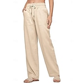 halpa Oleelliset keinotekoiset alaosat-Naisten Puuvillaiset pellavahousut Kiinalainen Kesähousut Suora Loma Perus Vapaa-aika Täyspitkä Korka vyötärö Yhtenäinen väri Tasku Elastinen vyötärönauha Mukava Pehmeä Elastinen ulko- Katu Sininen