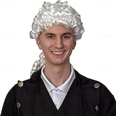 voordelige Historische pruiken-Witte pruik - historische koloniale gepoederde pruik met paardenstaart, kostuumaccessoire voor volwassenen en kinderen.