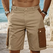 abordables Vacances-Homme Shorts cargo Shorts Shorts en Lin Shorts d'été Patchwork Avec Poches Bloc de Couleur Couleur Pleine Confort Respirant Court Occasionnel Quotidien Extérieur Mode Designer Vert Kaki Non Elastique