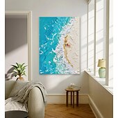 cheap Landscape Paintings-Handmade Oil Painting Canvas Wall Art Decoration Abstract Texture Painting  Blue Sea Beach Vacation Style Living Room Entrance Hall Decoration Home Decor Rolled Frameless Unstretched Painting