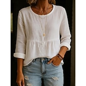 baratos Camisas-Mulheres Camisas com toque de linho Blusa Franzido Côr Sólida à moda Casual Manga Longa Gola Redonda Tops regulares Diário Azul Branco Verde Claro Rosa Verde Verão Primavera Outono