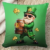 olcso Díszpárnahuzatok-Szent Patrik-napi lóhere manó sör díszpárnahuzat 45x45 cm, vintage retro zöld 3D nyomtatott dekoratív párnahuzat