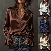  Dames Blouse Knop Effen Kleur Elegant Stijlvol Basic Lange mouw Overhemdkraag Normale tops Dagelijks Werk Wit Champagne Marineblauw Bruin Lente Herfst Winter