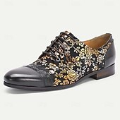 Χαμηλού Κόστους Βασικά Παπούτσια-Κομψά ανδρικά δερμάτινα νυφικά παπούτσια - μαύρα με χρυσό φλοράλ μοτίβο, υποδήματα υψηλής ποιότητας για γάμους και επίσημες γιορτές