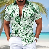 cheap Men's Satin Shirt-Men's Paisley Floral Print Ethnic Shirt Satin Shirt Dress Shirt Short Sleeve Fashion Casual Daily Vacation Summer Spring Turndown Collared Shirts 3D Print Button Up Shirts Blue Purple Green Khaki
