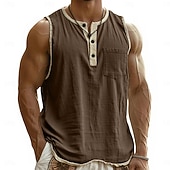 tanie Tank topy sportowe-Męskie Koszula lniana Bezrękawnik Kamizelka Top Podkoszulki Bez rękawów Henley Lato Wiosna Równina Moda Designerskie Podstawowy Kieszeń Guziki Codzienny Urlop Ulica Czarny Rumiany róż Granatowy Top