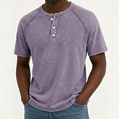 baratos Camiseta Henley Casual-Homens Camisetas Top Henley Camiseta de algodão Camisa lavada Manga Curta Côr Sólida Tecido Cor Única Vintage Designer Casual Desaparecido Botões Henley Casual Diário Ao ar livre Verão Primavera