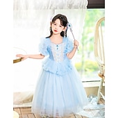 cheap Girl's Dress Up Costumes-Book Week 2026 Princess Fairytale Moana Dress Kid's Carnival Children's Day New Year Festival Holiday Girls' Dress Solid Color Short Sleeve Casual Party Fashion Cute Polyester Summer 4 years+ Blue