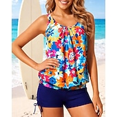 preiswerte Surfen Tankinis &amp; Bikinis-Damen Geraffter Tankini 2 Teile Tropisch UV Schutz Elastisch Ärmellos Bademode Surfen Strand Schwimmen Sommer