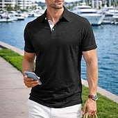 baratos Polo Clássico Masculino-Camisa polo masculina de algodão e bambu, estilo polo, casual, para trabalho, com gola polo e lapela, manga curta, básica, moderna, cor sólida, patchwork e botões, ideal para verão e primavera. &amp;polo