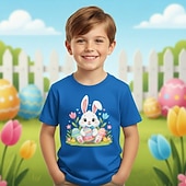 お買い得  男の子のイースター衣装-コットン１００％ イースター 子供 男の子 ブルー ブラック ホワイト グラフィック バニー Tシャツ ブラウス クルーネック 半袖 カジュアル 日常 アウトドア ファッション ストリートファッション デザイナー プリント 夏 春