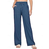 halpa Oleelliset keinotekoiset alaosat-Naisten Puuvillaiset pellavahousut Kiinalainen Kesähousut Suora Loma Perus Vapaa-aika Täyspitkä Korka vyötärö Yhtenäinen väri Tasku Elastinen vyötärönauha Mukava Pehmeä Elastinen ulko- Katu Sininen