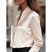 olcso Ünnepi blúzok-Női Ing elegáns Szatén felső Selymes felsők Gombok Tömör szín Elegáns Stílusos Alap Hosszú ujj Állógallér Normál felsők Napi Szabadság Medence Ezüst Fekete Fehér Pezsgő Nyár Tavasz
