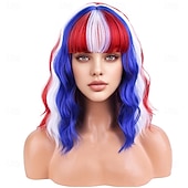  Perucas Vermelha Branca e Azul para Mulheres e Meninas Peruca do Dia da Independência Curta Cacheada e Ondulada Com Franja Fantasia para Festa do Quatro de Julho