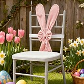 billiga påsk-Påsk stolsöverdrag med kaninöron, söta rosa påskhare med rosett och ryggstöd, avtagbara stretchöverdrag för kaninstolar, perfekt för påskmatbord, restaurangfestdekor