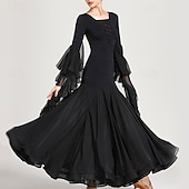 economico Sala da Ballo Standard-abito da ballo da sala nero da donna con scollo a V, maniche a balze multistrato, abito da valzer, abbigliamento da ballo moderno standard da competizione