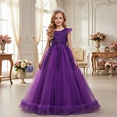 abordables Robes de Fille de Fleurs-Robe de Demoiselle d'Honneur Fille Fille Robe de soirée Tenue de mariage Soirée Mariage Formel Mode Princesse Beau Maille Couleur Unie Sans manches Col Rond Bleu Jaune 4 ans et +