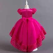 billiga Flower Girl's Dresses-Flower Girl Dress Girls' Formal Dress Wedding Attire Party Wedding Formal Adorable Princess Sweet Patchwork Mesh Solid Color Short Sleeves Crew Neck Pink Red 4 years+