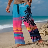 levne Pánské kalhoty pro volný čas s potiskem-Pánské Kokosový strom Příroda a krajina Tropické rostliny Kalhoty Kalhoty pro volný čas Volné kalhoty Středně vysoký pas Havajské Dovolená Elastická šňůrka v pase Kalhoty z lněného materiálu s kapsami