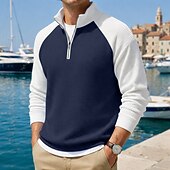 billige Klassisk poloskjorte for menn-Herre Vaffel poloskjorter Polo Avslappet Formell Båndet krage Langermet Mote Helfarge Med Tekstur Fargeblokk Knapper Vår Høst Vår &amp; Vinter Normal Svart Lysegrønn Navyblå Lilla Mørkeblå Grå Vaffel