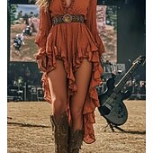 halpa Lännen Boho Mekko-Naisten Midimekko Boho-mekko Länsimainen mekko Muoti Moderni ulko- Loma Pyhäpäivä Normaali Tavallinen Pitkähihainen V kaula-aukko Oranssi Kesä